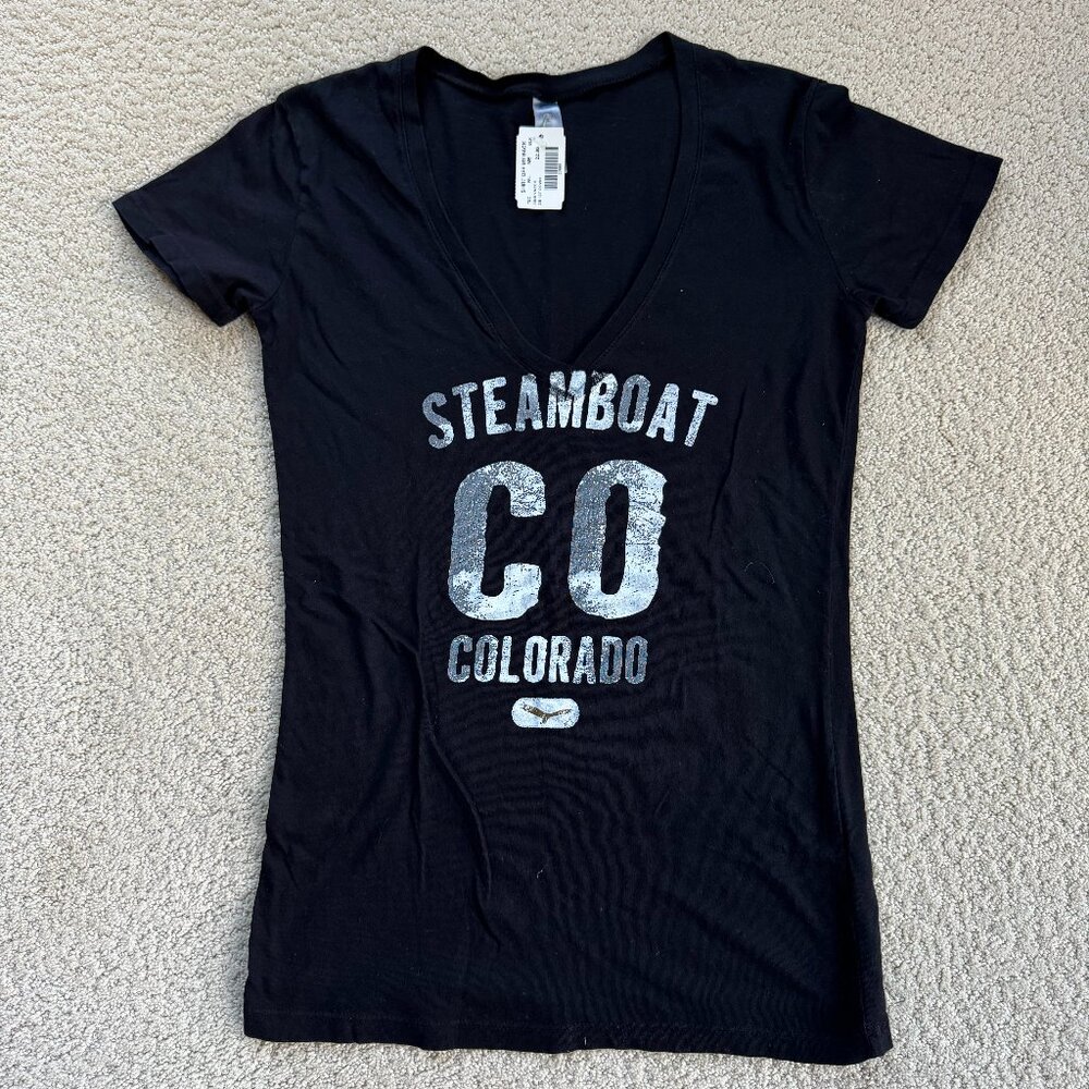 Steamboat Colorado Women's V-Neck Tee - Black, Size Medium NWT